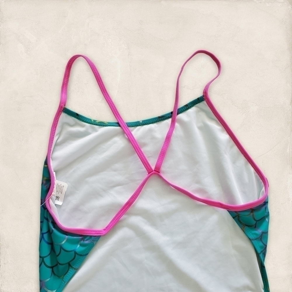 SPORTI Mermaid Fancy Foil Thin Strap One Piece Swimsuit Size 10/12 - Picture 6 of 11